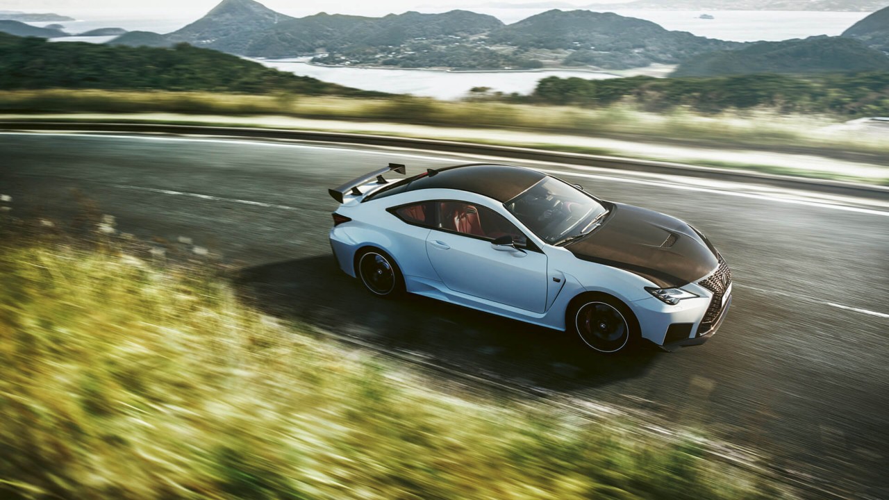 A Lexus RC F driving on a road