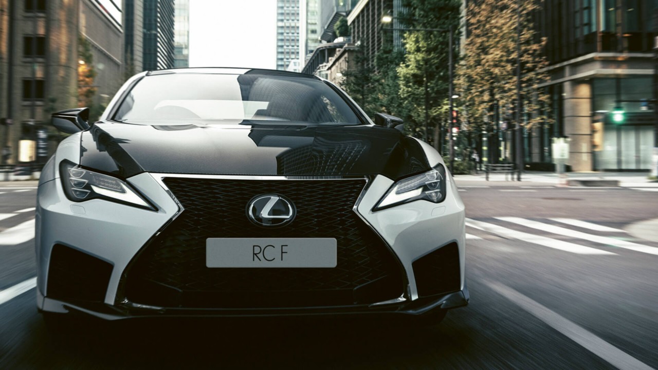 A Lexus RC F driving through a city location