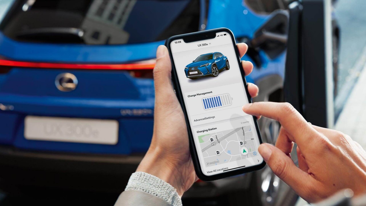A mobile phone displaying the Lexus UX 300e on the Lexus Link app